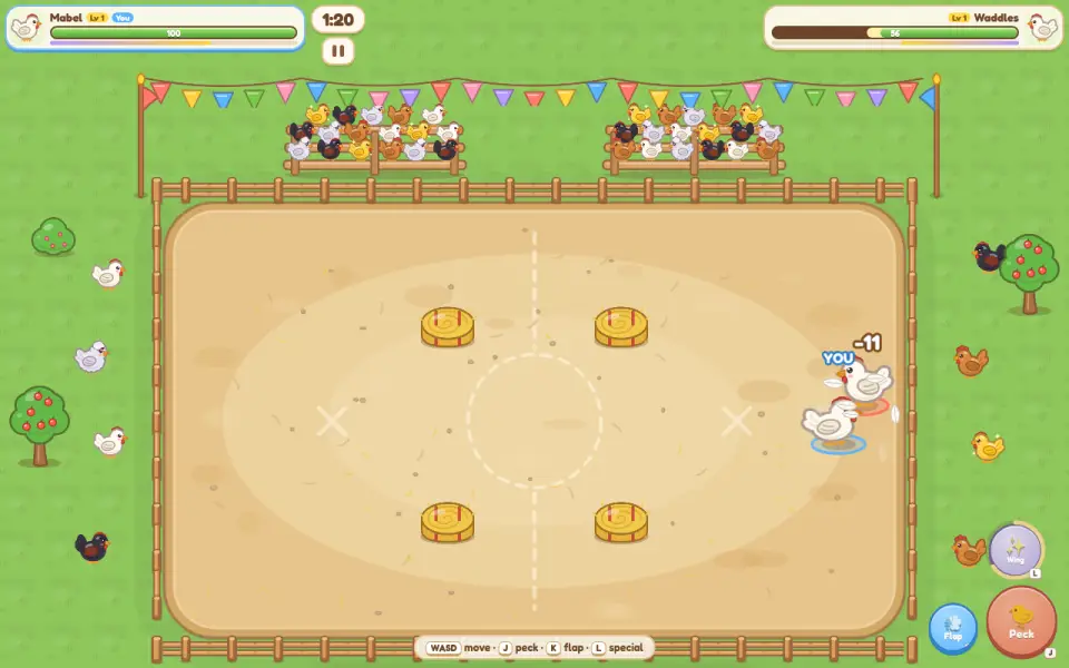 Two chickens facing off in the Cluck Wars battle arena