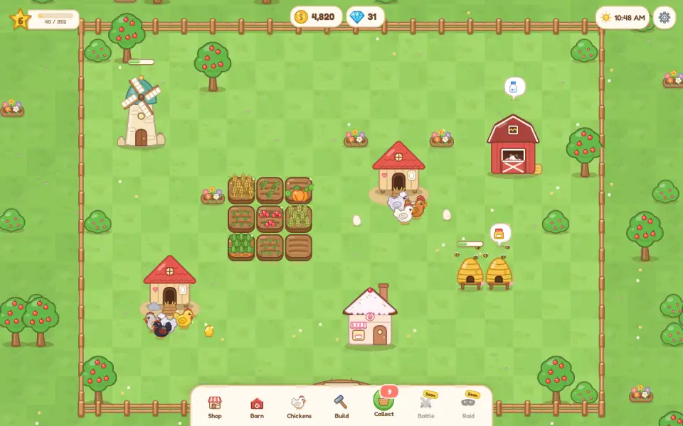 Cluck Wars farm with coops, crops, a windmill and wandering chickens