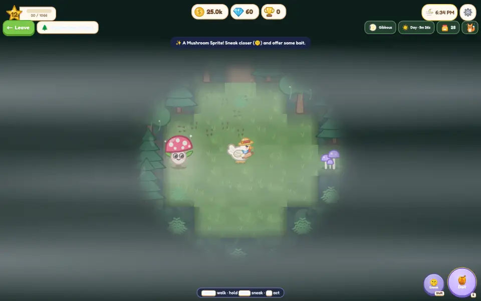 A small glowing clearing in the dark mysterious forest with a mushroom sprite