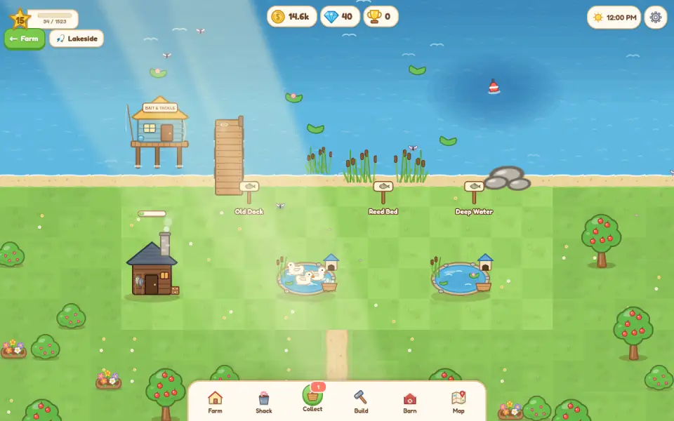 The lakeside with a fishing shack, pier and duck pond