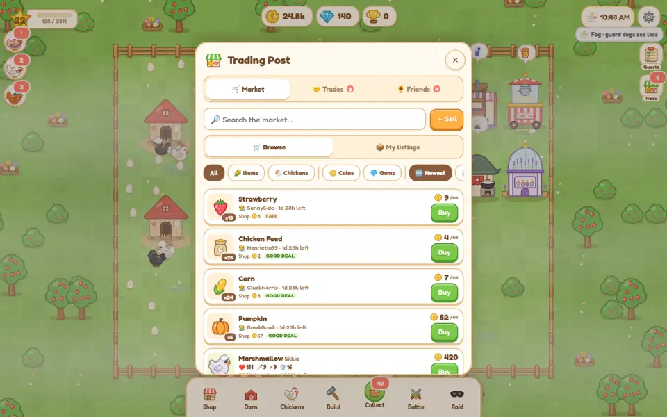 The trading post market listing crops and chickens for sale