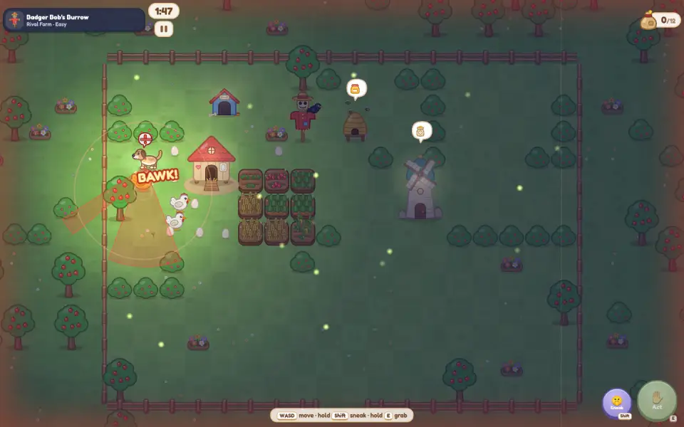 A raider sneaking through a rival farm at night while a guard dog chases